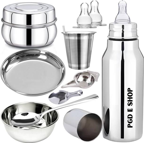 PGD Deluxe stainless steel baby feeding bottle, Extra 8 baby steel food feeder set - 350 ml