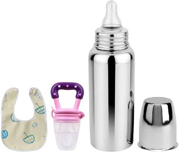 ORILACE Baby Feeding Milk Steel Bottle With Fruit feeder & baby bib 0-5 Years - 250 ml