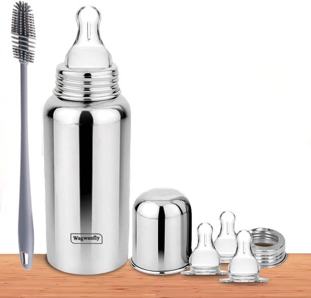 Wagwanfly Stainless Steel New Born Baby Feeding Bottle With Silicone 3 Nipple - 240 ml