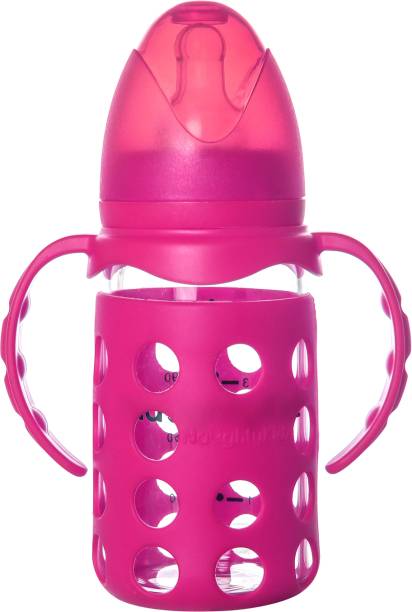 naughty kidz Premium Baby Glass Baby Feeding Bottle with 2 Ultra Soft Nipple,1 Protective Warmer And 1 Handle. - 125 ml