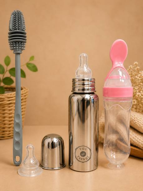 YOS TRENDZ Baby Feeding Combo 250ml Steel Bottle with Food Feeder & Bottle Brush - 250 ml