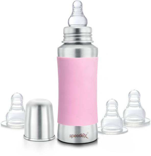 SPEEDEX Stainless Steel Baby Feeding Bottle with Internal ML Marking, Silicon Stopper & Silicon Grip (240 ml) (3 Extra Nipple Free) - 240 ml