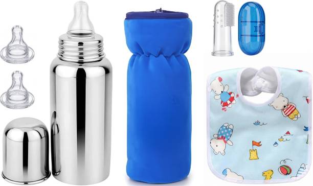 Mini World Stainless Steel Baby Bottle Combo with Feeding Bib & Finger Toothbrush Set