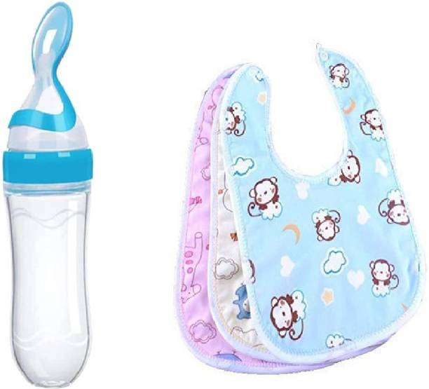 Nonababy Baby Feeding Combo | Waterproof Apron Bibs Set of 3 + BPA-Free Soft Silicone  - silicone