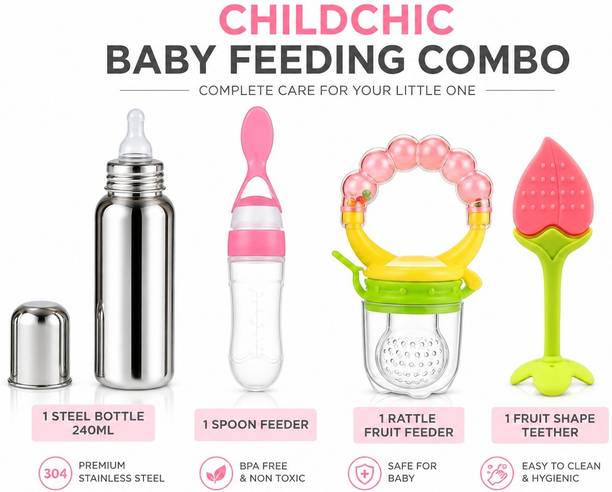 CHILD CHIC Baby Feeding Combo Set with Bottle Feeder Teether Pack 4