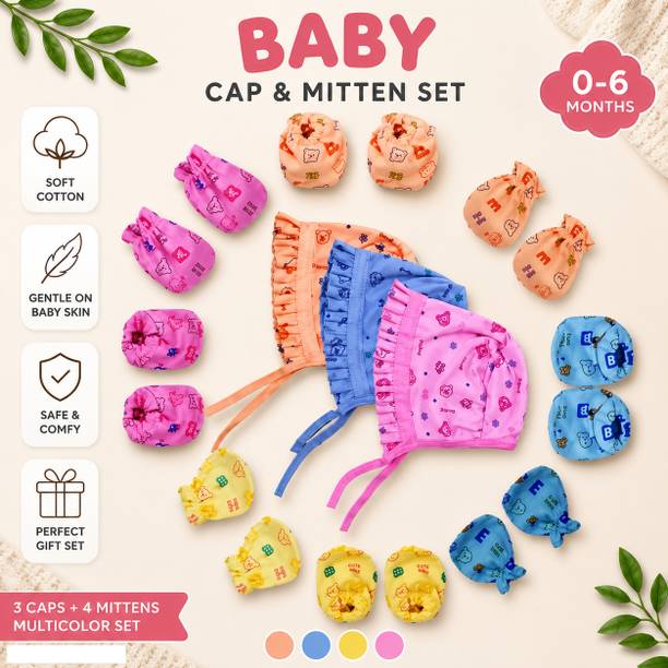frazix Newborn Baby 4Frill Caps+4Mittens+4 Booties | Soft Cotton Hosiery