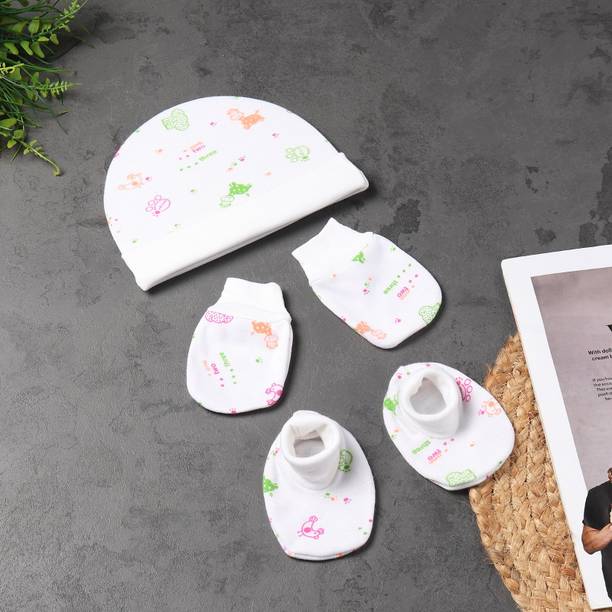 MEEOWMEE Baby cap mitten booty set combo white color