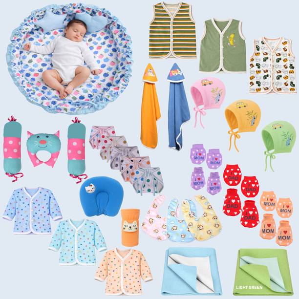 Toddylon New Born Baby Reversible Bed & Daily Essential Items Combo (0-6 Month)