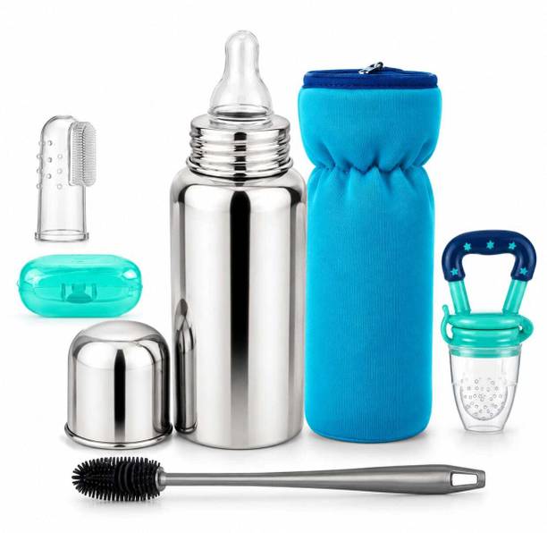 Y.GOYAL&CO. Stainless Steel Baby Feeding Bottle Combo with Fruit Nibbler & Brush Set