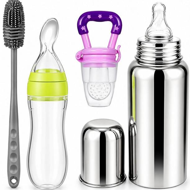 Y.GOYAL&CO. Stainless Steel Baby Feeding Bottle Combo with Spoon Feeder, Nibbler & Brush