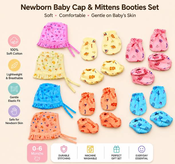 frazix Newborn Baby 4Frill Caps+4Mittens+4 Booties | Soft Cotton Hosiery