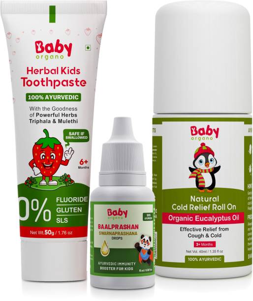 BabyOrgano Swarnaprashan Immunity Booster, Cold Relief Roll On & Kids Toothpaste Combo