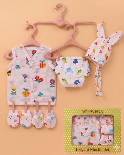 Winwega New Born Baby Boy / Girl (0 - 3 Month) Organic Muslin Gift Set (5 Pieces)