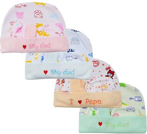 HytroMyk 100% Cotton Baby Caps, Mittens and Booties Combo Set for 0-6 Months -Pack of 4
