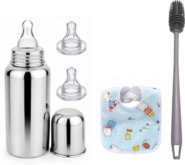 Y.GOYAL&CO. Stainless Steel Baby Feeding Bottle with 2 Extra Nipples and Cleaning Brush