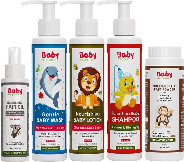 BabyOrgano Newborn Baby Care Products Gift Set 5 Piece for Skin and Hair Combo Pack