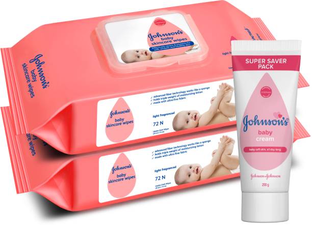 JOHNSON'S Wipes 72s twin pack with Baby cream 200gm (Combo Pack)