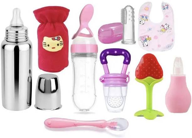 Y.GOYAL&CO. NEW BORN BABY COMBO SET OF 9 ITEMS Teether and Feeder