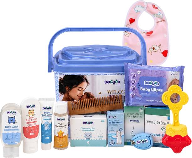 DOCURA Welcome Baby Gift Box | 12 Baby Care Essentials + Free Baby Bib