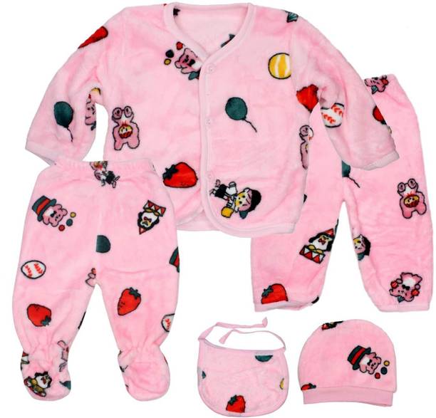 The Cheeky Kidzz Premium Newborn Baby Essential Quilted Velvet 5 Pieces Baby Suit Bib Cap Set