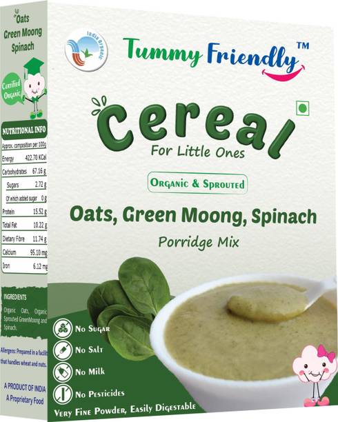 TummyFriendly Foods USDA Certified Organic Oats, Green Moong, Spinach Porridge Mix | Organic Baby Food for 8 Months Old | Made of Sprouted Whole Green Moong | Rich in Iron, Protein & Micro-Nutrients | 200g Cereal