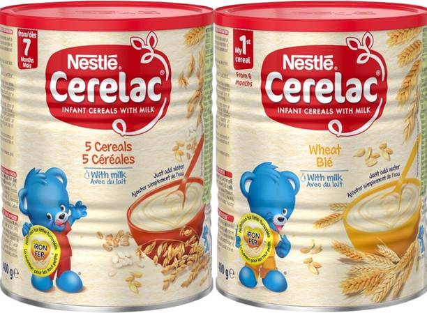 Cerelac Baby Cereal Combo: 5 Cereals with Milk & Wheat with Milk (2x400g), European Made Cereal