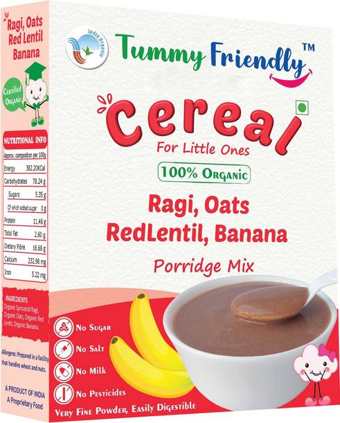 TummyFriendly Foods USDA Certified 100% Organic Sprouted Ragi, Oats, Red Lentil, Banana Porridge Mix | Made of Sprouted Whole Grain Ragi, Oats | Rich in Calcium, Iron, Fibre & Micro-Nutrients |200g Cereal