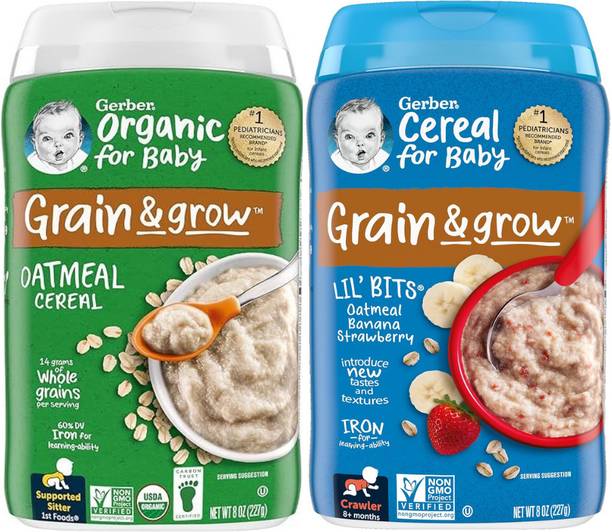 GERBER Baby Cereal Combo: Organic Oatmeal & Lil' Bits (2x227g), USA-Made Cereal