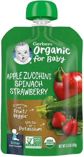 GERBER Organic Baby Puree Apple Zucchini Spinach Strawberry, USA-Made, Sugar-Free Cereal