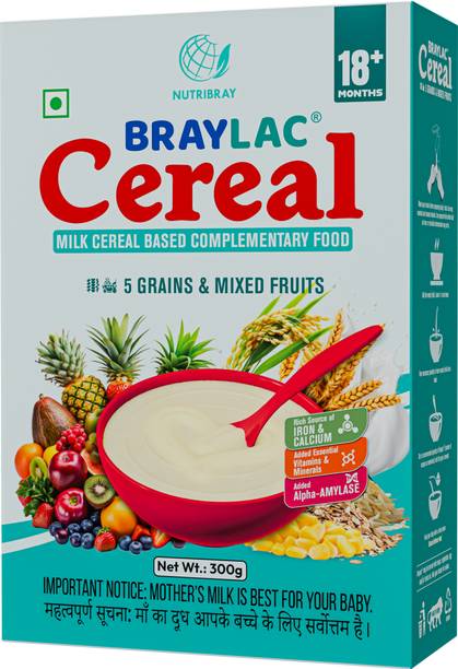 BRAYLAC 5 Grains & Mixed Fruit Bag in Box | 300 gm for 18 to 24 months baby Cereal