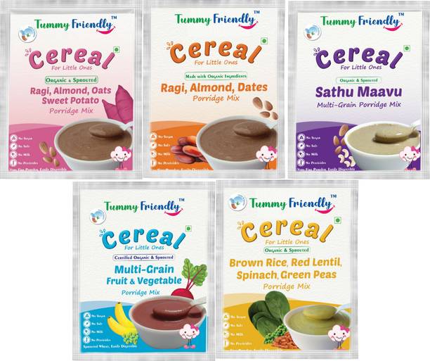 TummyFriendly Foods Certified USDA Organic Stage3 Sprouted Porridge Mixes Trial Packs | Organic Baby Food for 8 Months Old | Sprouted Ragi, Brown Rice, Oats, Sathu Maavu, Pulses, Vegetables & Fruit | 50g Each, 5 Packs Cereal