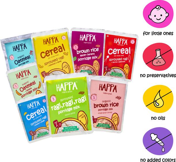 Happa Organic Baby Cereals Porridge Mix Trial Pack of 8 (Ragi + Oatmeal + Brown Rice) Cereal