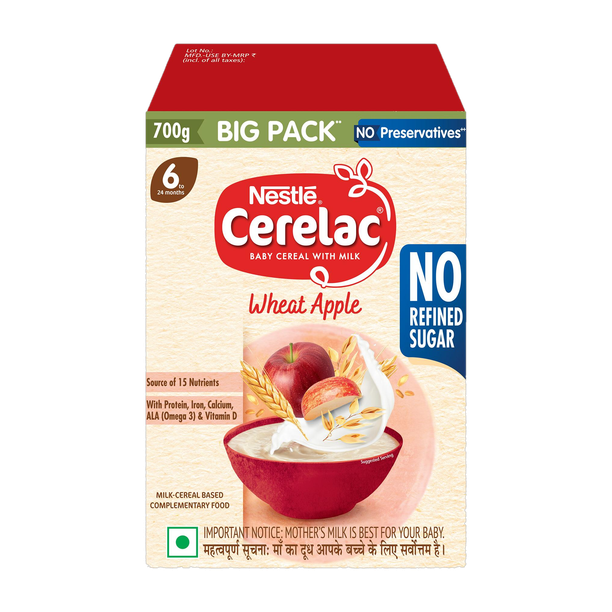 Nestle Cerelac Wheat Apple Baby Food Cereal, No Refined Sugar, for 6-24 Months Baby, Big Pack Cereal