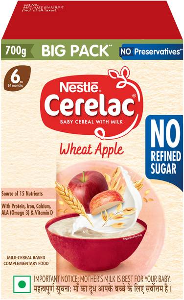 Nestle Cerelac Wheat Apple Baby Food Cereal, No Refined Sugar, for 6-24 Months Baby, Big Pack Cereal