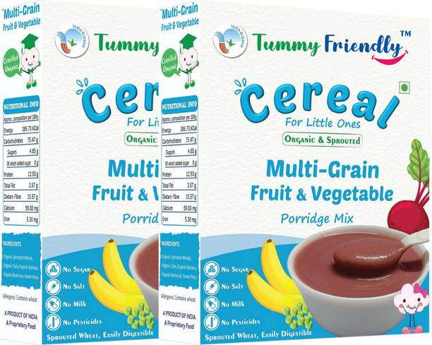 TummyFriendly Foods USDA Certified Organic Sprouted Multi Grain Fruit Vegetable Porridge Mix (Sprouted Wheat, Oats, Banana, Beetroot, Green Peas), Organic Baby Food For 8 Months Old , Made of Sprouted Whole Wheat , 200g Each, 2Packs Cereal