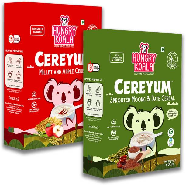 HUNGRY KOALA Sprouted Moong & Dates Cereal for Kids + Cereyum Millet & Apple Cereal (Combo 2) Cereal