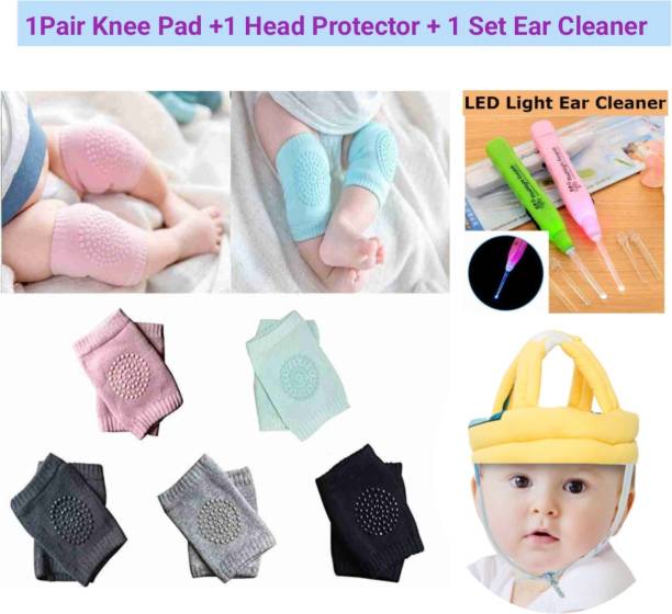 humpy kids Set Of 1 Pair Knee Pad With Baby Safety Helmet and Ear Cleaner Kit (Pack 3 ), Helmet Yellow, Black Baby Knee Pads