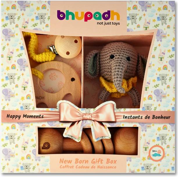 Bhupadh Newborn Gift Box|3-in-1 Set with Crochet Rattle,Wooden Rattle & Elephant Teether Rattle
