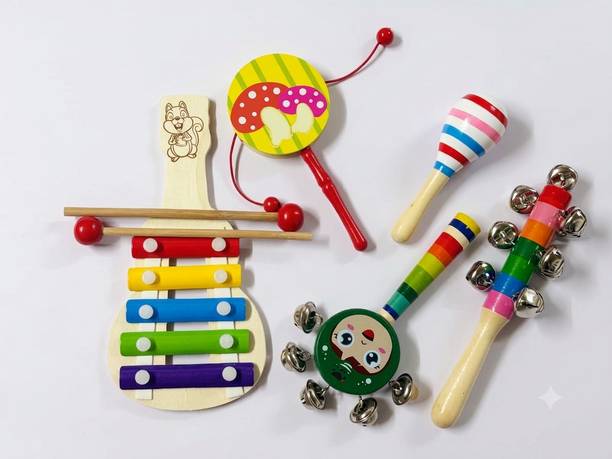 Woodlebee 5-in-1 Wooden Musical Instrument Toy Rattle
