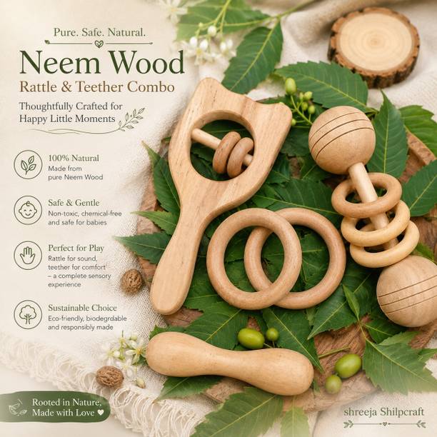 Shreeja Shilpcraft Baby Neem Wood Rattle Teether Set | Eco-Friendly Wooden Toys Rattle