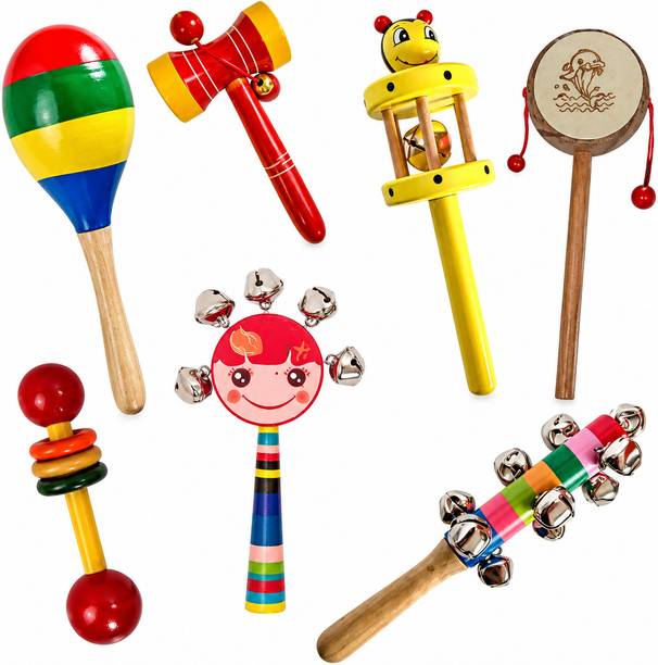Little Mind Wooden Shaker Sound Making Rattle Set For Kids Pack Of 7 Rattle
