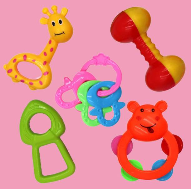 littlewish Pack of 5 Rattle Set with Teathers for New Born Babies, Toy for Babies Non-Toxic Rattle