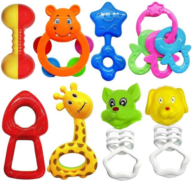 littlewish Pack of 8 Rattle Set with Teathers for New Born Babies, Toy for Babies Non-Toxic Rattle