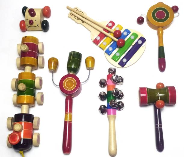 Neels Wooden Toys Colorful Rattle Set, Wooden Train and Xylophone - Handmade Toys Rattle