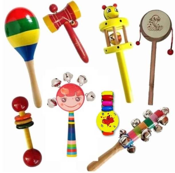 Little Mind wooden rattles for baby, new born babies toys set of 7 pcs Rattle