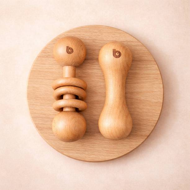 Bhupadh Handmade Wooden Dumbbell Rattle Set (2-Piece) | Natural Beechwood Sensory Toy Rattle