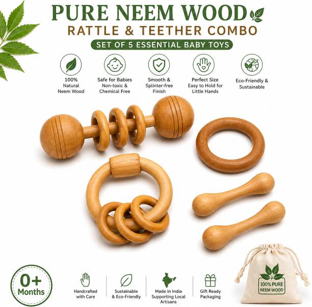 Shreeja Shilpcraft Pure Neem Wood Baby Rattle & Teether Combo Set of 5 Natural Rattle