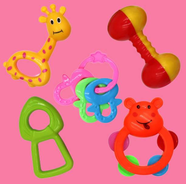 littlewish 5 Rattle Set with Teathers for New Born Babies Rattle
