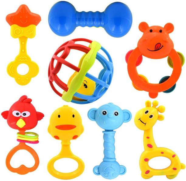 Mayne Colorful Attractive Plastic Non Toxic Set of 8 Shake & Grab Rattle Rattle