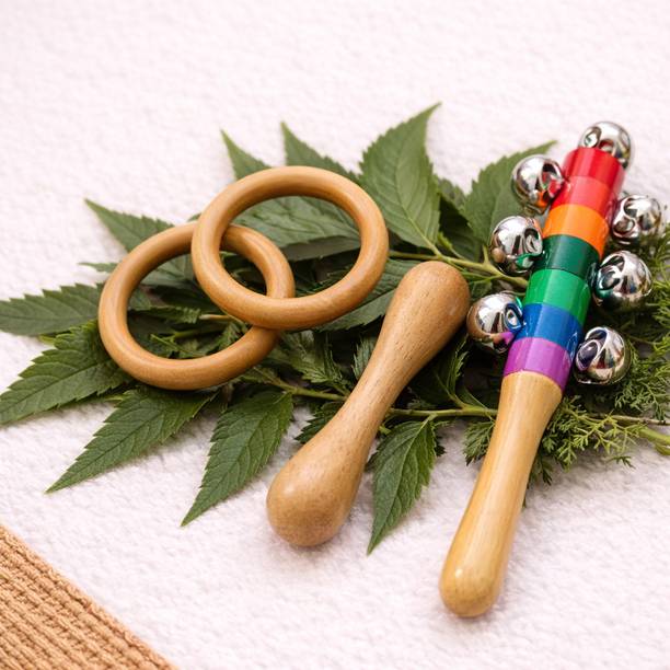 Pankhudi Craft Neem Wooden Baby Teether & Rattle - Natural Chemical Free Teether Toy & Rattle